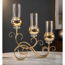 Volix Dizayn Lüks Kristal Taşlı 3’lü Şamdan Mumluk Gold Metal Gövdeli Dekoratif Masa Üstü Salon Yemek Masası Aksesuarı