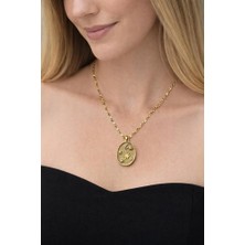 Çelik Oval Ay ve Yıldızlı Gold Zirkon Kolye