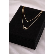 Kuş Figürlü Tek Taşlı Çift Zincir Gold Rengi Kolye