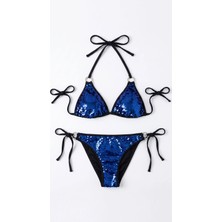 Zi Siyah Mavi Payetli Üçgen Bikini Takımı