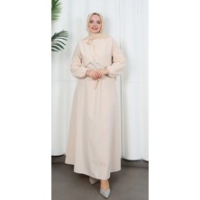 Toka Detaylı Kuşaklı Terikoton Elbise Krem    HNT0332