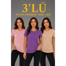 Asmedo Kadın 3’lü Kısa Kollu Bisiklet Yaka Basic Slim Fit T-Shirt - Pudra Pembe - Mor - Bej