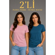 Asmedo Kadın Basic Bisiklet Yaka Yazlık Slim Fit T-Shirt - Pudra Pembe & Petrol Mavi