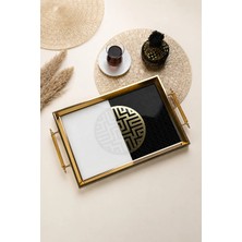 Gugga Bias - Gold Kulplu Dekoratif Cam Tepsi Dikdörtgen Çay Kahve Sunum ve Servis Tepsisi 29,5 x 48 cm