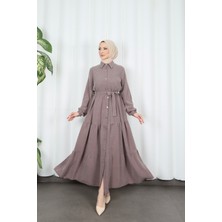 Boydan Düğmeli Kuşaklı Katlı Elbise Kahverengi HNT8593