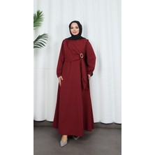 Yandan Tokalı Terikoton Elbise Bordo  HNT0329