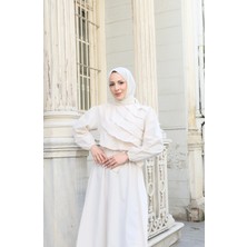 Fırfır Detaylı Kuşaklı Terikoton Elbise Ekru     HNT0313