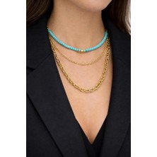 3 Katlı Boncuk ve Zincir Kombin Gold Kolye