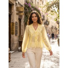 Rouge Basic Farbalı Sarı Gömlek
