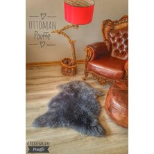 Ottoman Pouffe Gerçek Deri Uzun Tüylü Yumuşacık Hakiki Toskana Gri Koyun Postu Büyük Boy 80X110CM