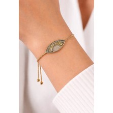Oval Ayarlanabilir Taşlı Gold Bileklik