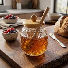 Bambu Kapaklı Cam Bal Kavanozu – 350ML | Kaşıklı & Şık Sunum Kavanozu | Doğal Ahşap Kapaklı Cam Bal Saklama Kabı