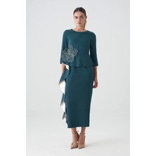 Volanlı Garnili Peplum Saten Elbise EL-4388
