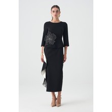 Volanlı Garnili Peplum Saten Elbise EL-4388