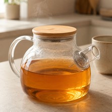 Bk Gift Isıya Dayanıklı Süzgeçli Cam Demlik, Bambu Kapaklı 1 Litre Çaydanlık