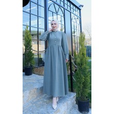 Düğme Detaylı Pileli Tesettür Elbise  Haki  HNT8528