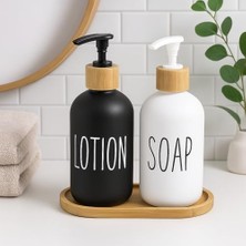 2’li Cam Sıvı Sabunluk ve Losyonluk Seti | 500 ml Siyah & Beyaz Boyalı Cam | Bambu Kapak ve Ahşap Altlıklı Banyo Seti | Şık ve Dayanıklı Tasarım
