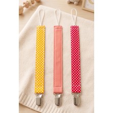 3'lü Set Kız Bebek Emzik Askısı Sarı Kırmızı Puantiye Somon Pembe Diş Kaşıyıcı Tutucu Klips 26X2 cm
