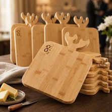 BK Gift Logonuza Özel 10 Adet Geyik Dekorlu Bambu Kesim Panosu 37X20 cm Kurumsal Sunum Tahtası