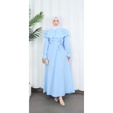 Kuşaklı Fırfır Detaylı Tesettür Terikoton Elbise Bebe Mavisi  HNT0314