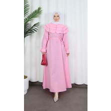 Kuşaklı Fırfır Detaylı Tesettür Terikoton Elbise Pembe HNT0314