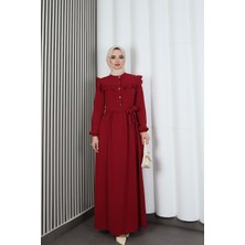 Omzu ve Önü Fırfırlı Kuşaklı Ayrobin Tesettür Elbise Bordo  HNT7345