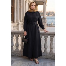 Gizli Pat Düğmeli Kuşaklı Terikoton Elbise HNT0316 Siyah