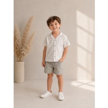 Bebendy Çizgili Erkek Gömlek & Yumuşak Kot Şort 2 Li Takım %100 Pamuk Açık Haki 3-4/4-5/5-6 Yaş