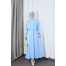 Bolerolu Beli Lastikli Tesettür Elbise Bebe Mavisi    HNT011
