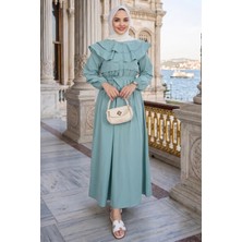 Volan Yaka Düğmeli Beli Lastikli Kuşaklı Elbise HNT03151 Mint Yeşili