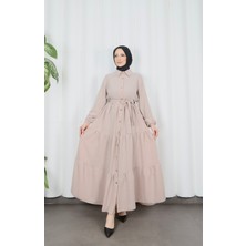 Boydan Düğmeli Kuşaklı Katlı Elbise Krem  HNT8593