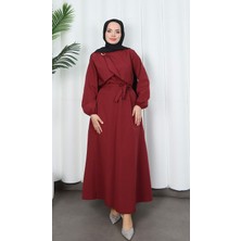 Toka Detaylı Kuşaklı Terikoton Elbise Bordo   HNT0332