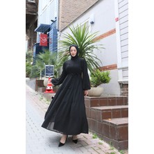 Kuşaklı Kat Kat Şifon  Elbise  Siyah  HNT8595