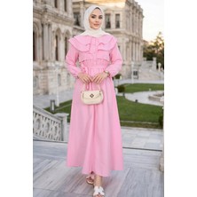 Volan Yaka Düğmeli Beli Lastikli Kuşaklı Elbise HNT03151 Pembe