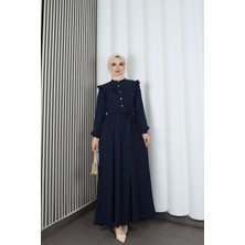 Omzu ve Önü Fırfırlı Kuşaklı Ayrobin Tesettür Elbise Lacivert  HNT7345