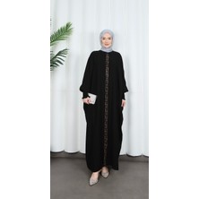 Yarasa Kol  Leopar Taşlı Elbise Siyah HNT8526