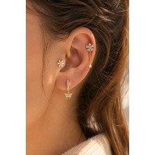 Sacce Scarves & Accessories Bahar Esintisi 3'lü Piercing Seti Gold Kelebek Halka ve Zirkon Taşlı Çiçek Piercing