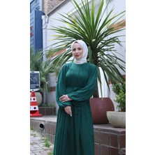 Kuşaklı Kat Kat Şifon  Elbise  Zümrüt    HNT8595