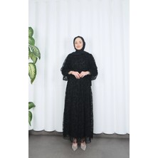 Flok Baskılı Astarlı Kuşaklı Tül Elbise Siyah HNT8565