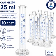 Labolist Cam Mezür 25 ml Uzun Form A Kalite Borosilikat Laboratuvara Uygun 10 Adet