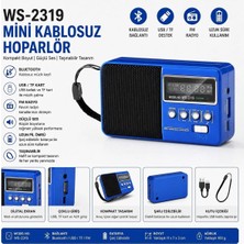 Tastech WS-2319 Mini Bluetooth Hoparlör Fm Radyolu Hafıza Kartı ve USB Girişli Şarjlı Taşınabilir 3W Hoparlör Mp3 Çalar