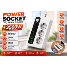 Matechno 3500W 3'lü Topraklı Akım Korumalı Çoklu Priz | 2 Type-C Pd + 4 USB Hızlı Şarj Girişli | Açma/kapama Anahtarlı | Alev Geciktirici Güvenli Grup Priz Uzatma