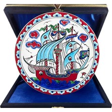 Çini Evi Iznik Çini Tabak  Turkuaz Yelkenli Kalyon Motifi 18 cm