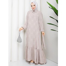 Eteği Büzgülü Yarım  Düğmeli Kuşaklı  Elbise  Krem   HNT8602