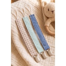 3'lü Set Mavi Puantiye Mint Bej Pötikare Doğal Kumaş Bebek Emzik Askısı Diş Kaşıyıcı Klips 26X2 cm