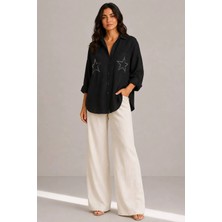Rouge Basic %100 Pamuk Oversize Yıldız Taş Detaylı Çit Cepli Keten Gömlek