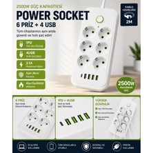 Tastech F19U 2500W 6 Lı Priz 6 Soket 220V 4usb 5V 2.1A 1 Pd 2.1A Şarj Termal Akım Korumalı Priz 2 Metre Kablo Çoklu Priz
