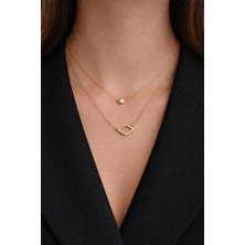 Figürlü Tek Taşlı Çift Zincir Gold Rengi Kolye