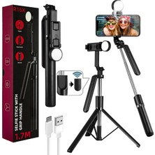 Tastech R16X 170CM Selfie Stick LED Işıklı Bluetooth Uzaktan Kumandalı 360 Derece Kullanım Tutma Kollu Telefon ve Kamera Uyumlu Tripod Özçekim Çubuğu