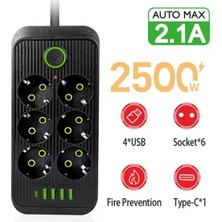 Tastech 6 Lı Priz 6 Soket 220V 4usb 5V2.1A 1 Pd 2.1A Şarj Termal Akım Korumalı Priz 2 Metre Kablo Çoklu Priz